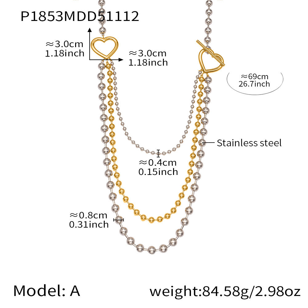 D관 - 투톤 하트 라운드 비즈 체인 레이어드 스테인리스 목걸이 [P1853] 25.11-3