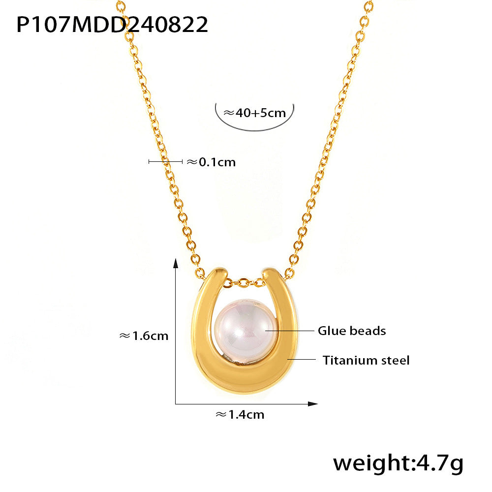 D관 - 기하학적 하트 모조 진주 펜던트 캐주얼 럭셔리 티타늄 스틸 18K 도금 목걸이 [P107-P1408] 24.08-5