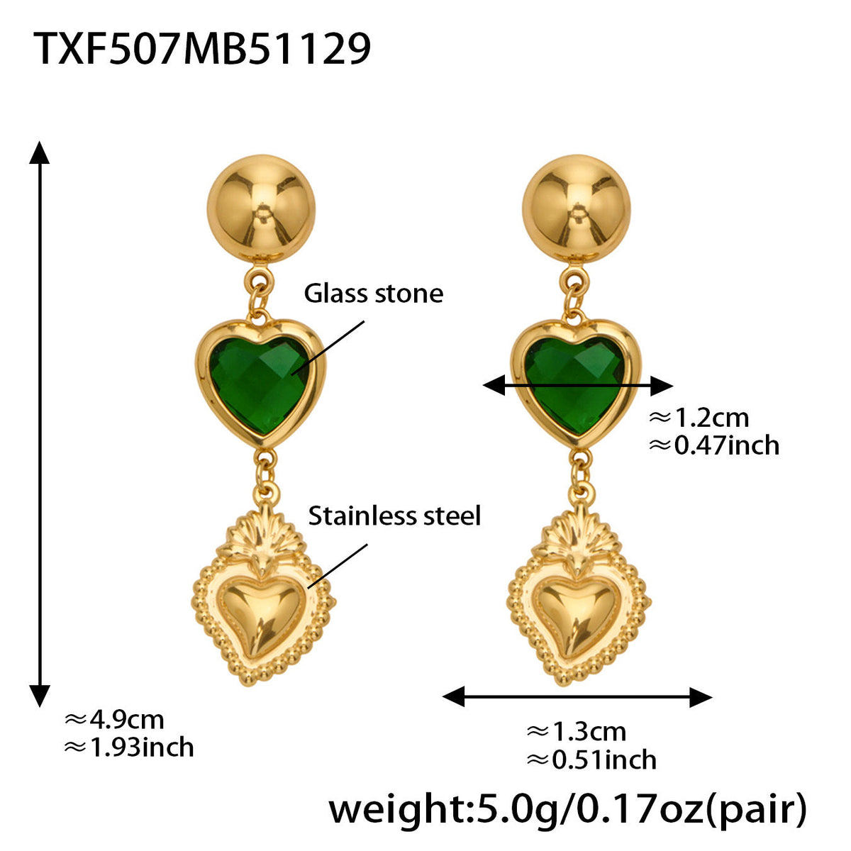 D관 - 스테인리스 스틸 하트 글라스 스톤 큐빅 18K도금 귀걸이 목걸이 [TXF507] 25.12-1