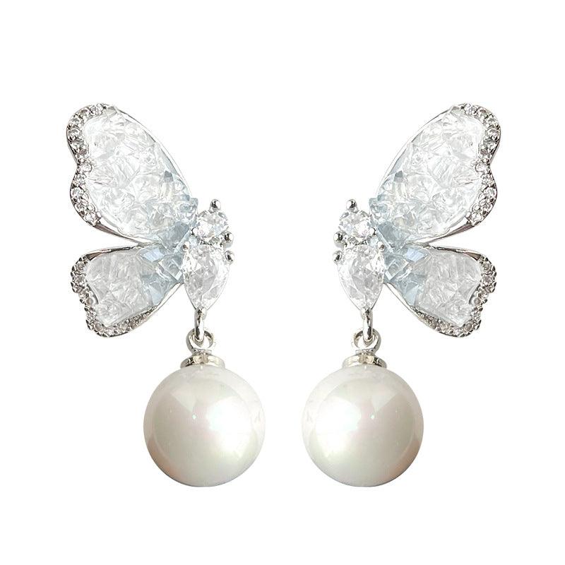 C관 - 그라데이션 블루 나비 진주 글래스 큐빅 925 은침 귀걸이 [5833] 25.04-2