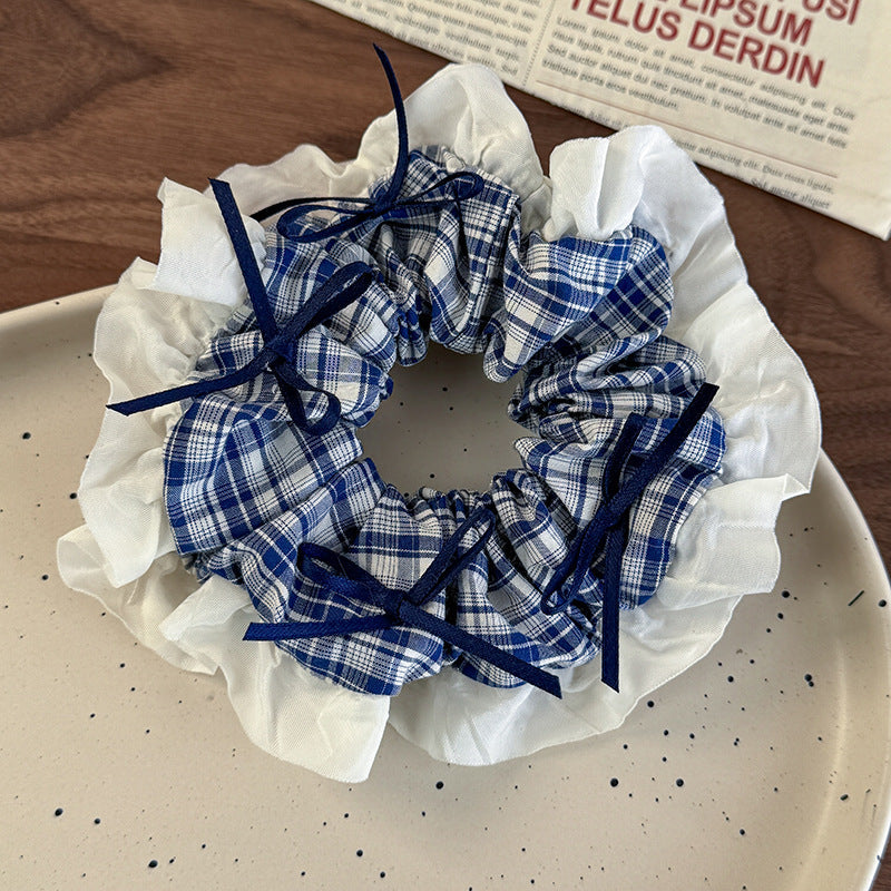 E관 - 블루 체크 패브릭 레이스 리본 곱창 헤어밴드 [26462] 25.10-2