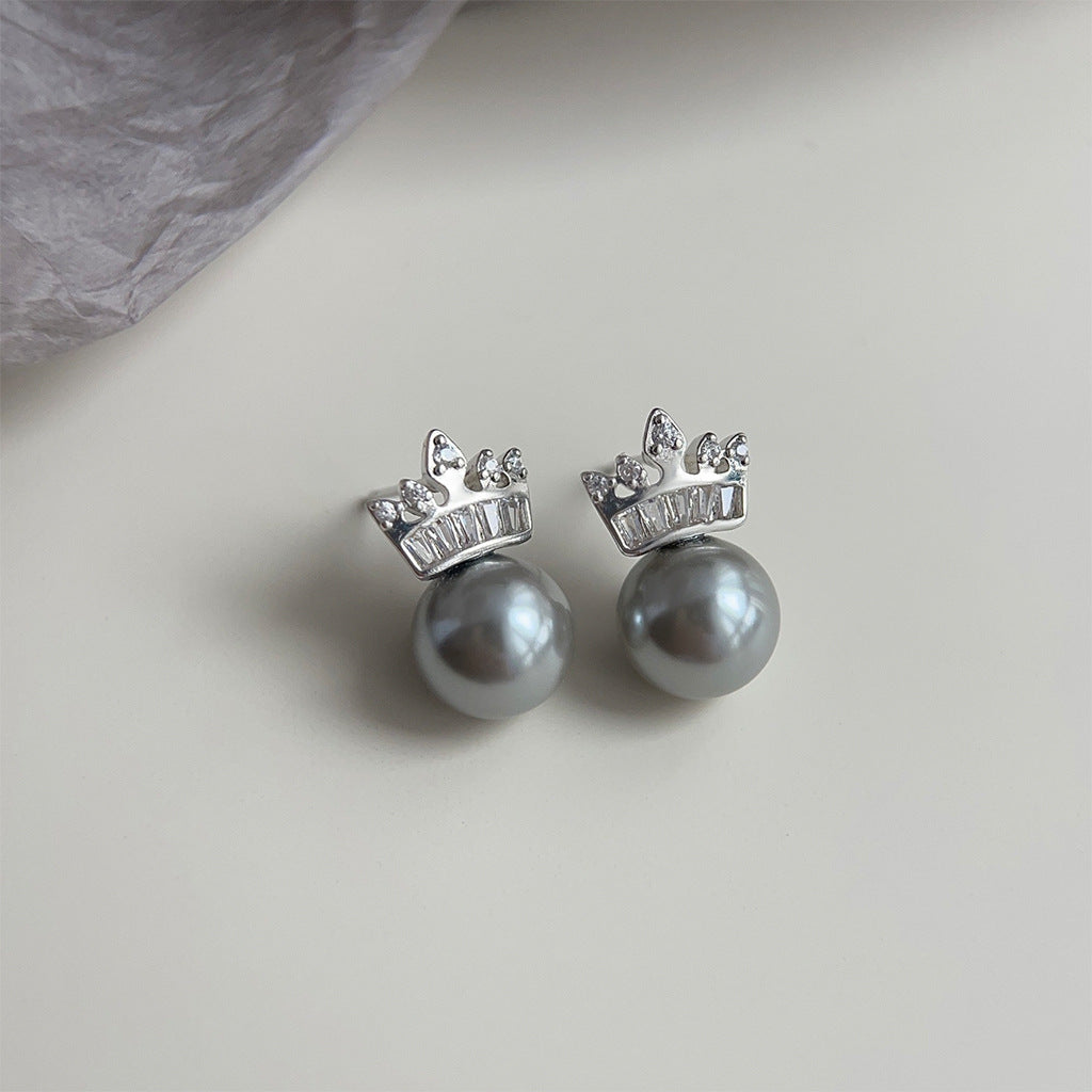 C관 - 고급스러운 글라스 진주 왕관 은침 귀걸이 [3974] 24.05-5