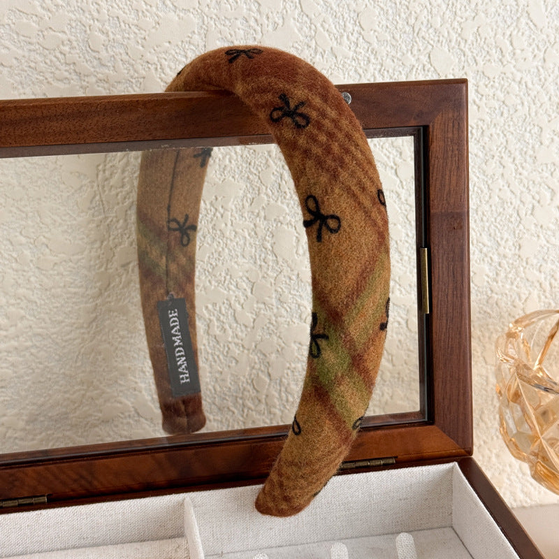 E관 - 모직 체크 리본 패턴 볼륨 머리띠 [26085] 25.11-3