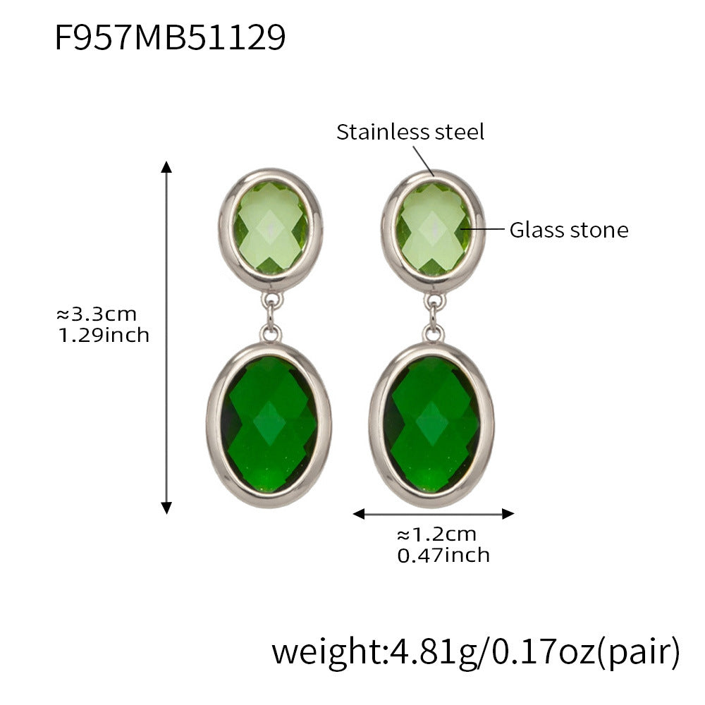 D관 - 스테인리스 스틸 18K 도금 타원 컷팅 글라스 스톤 펜던트 귀걸이 [F957] 25.12-1