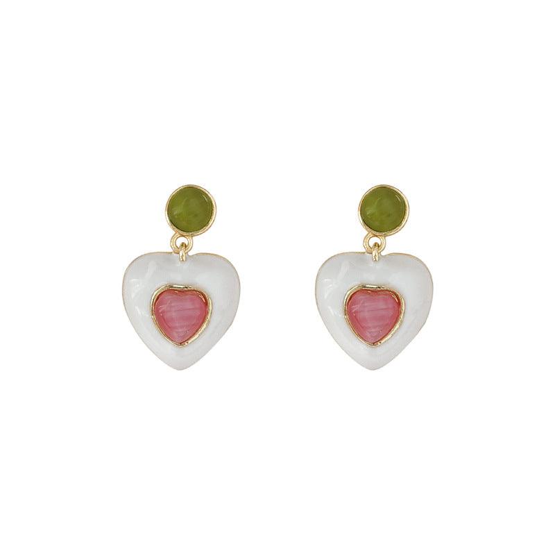 C관 - 핑크 글라스 묘안석 하트 디자인 산뜻한 화이트 휴양지 스타일 귀걸이 [A63] 24.03-3