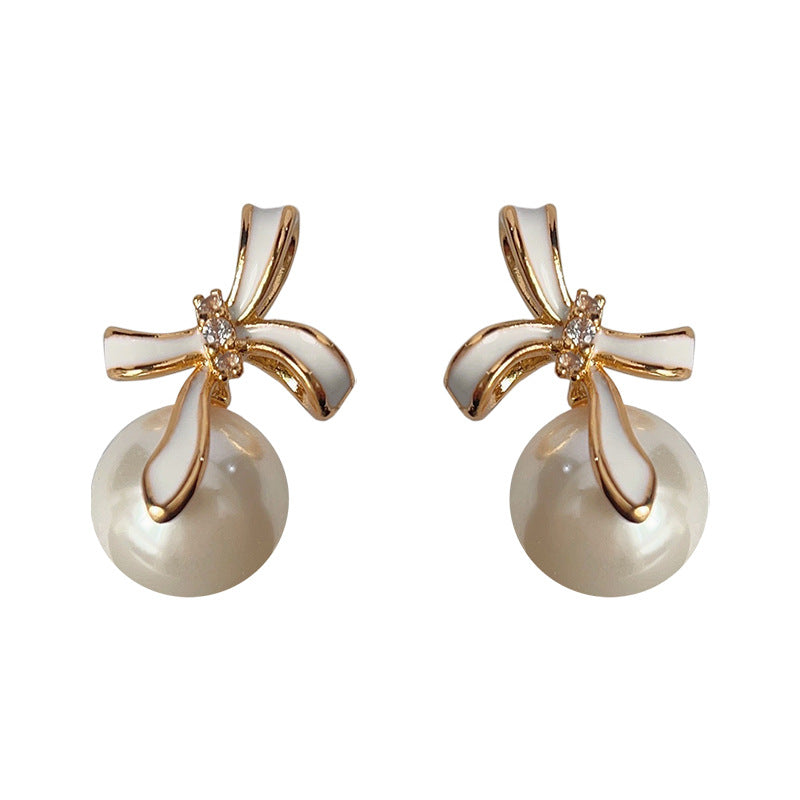 C관 - 14K 도금 미니 큐빅 오일 코팅 리본 귀걸이 고급스러운 글라스 진주 귀걸이 [3874] 24.04-4