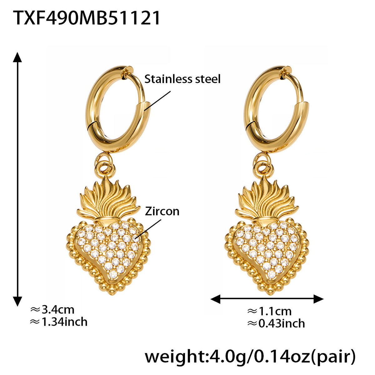 D관 - 스테인리스 스틸 하트 왕관 큐빅 펜던트 18K 도금 목걸이 귀걸이 팔찌 반지 [TXP490] 25.11-4