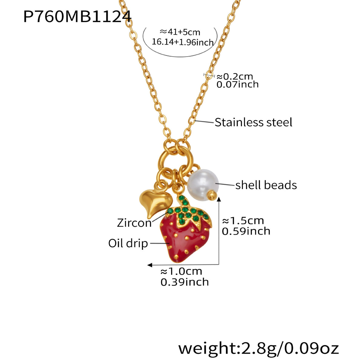 D관 - 스테인리스 스틸 해마 딸기 큐빅 펜던트 18K 도금 목걸이 [P755] 25.11-4