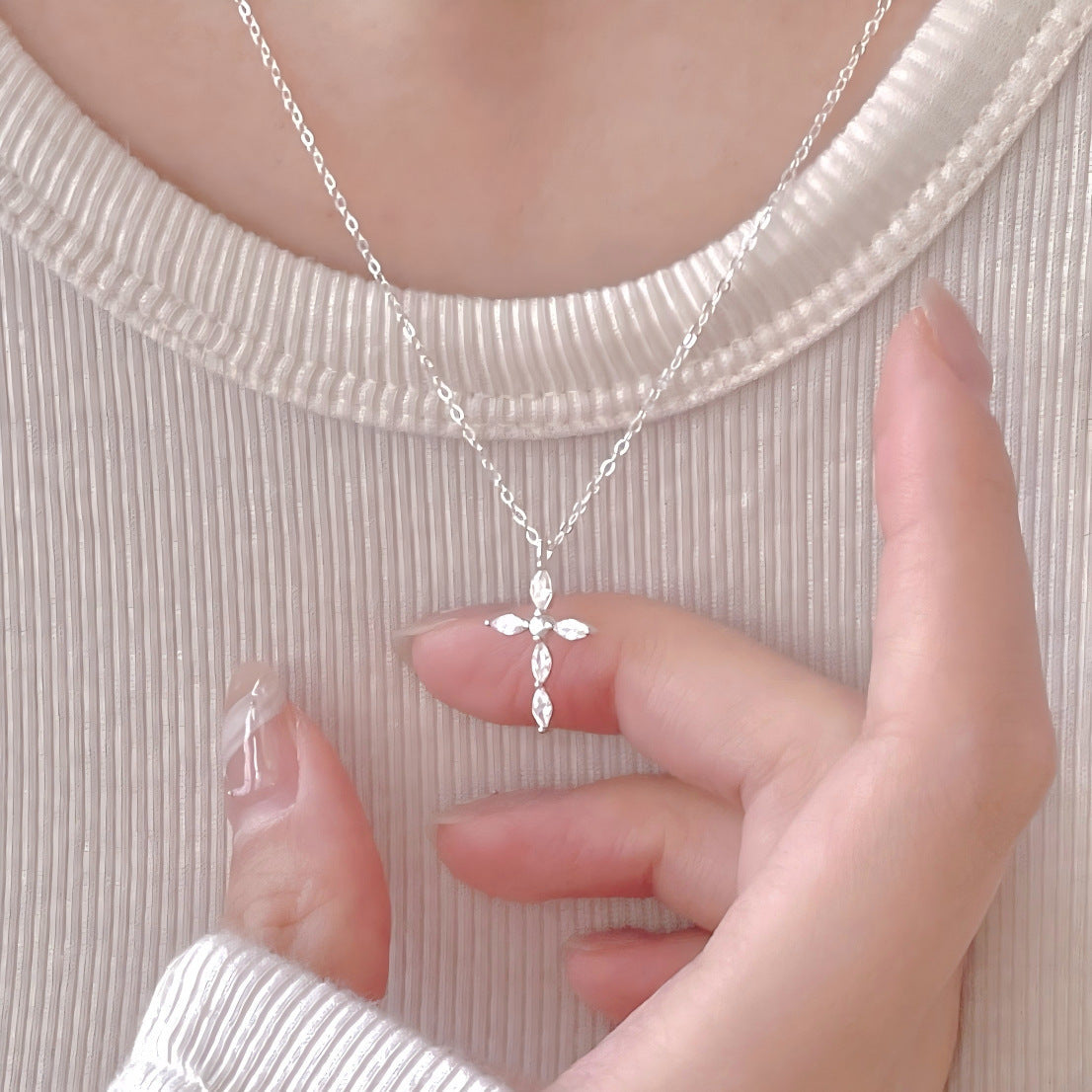 F관 - 925 실버 큐빅 십자가 펜던트 목걸이 [B1387] 25.11-4
