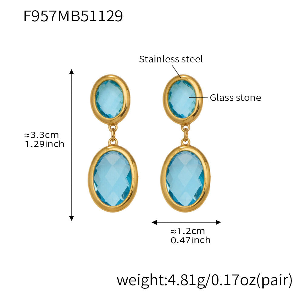 D관 - 스테인리스 스틸 18K 도금 타원 컷팅 글라스 스톤 펜던트 귀걸이 [F957] 25.12-1