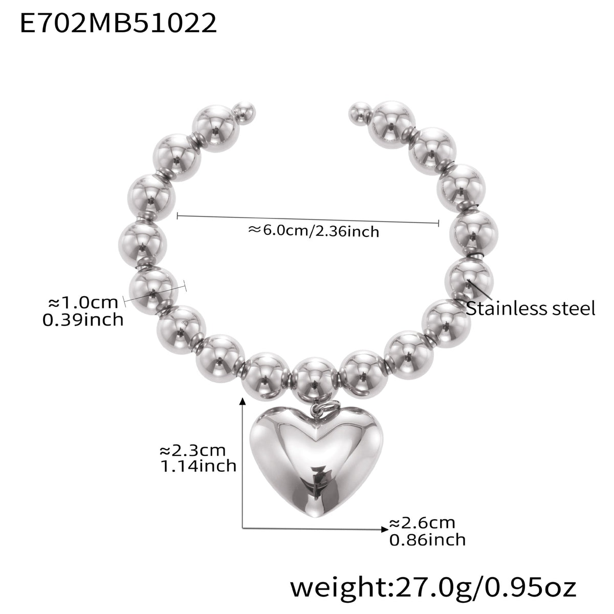 D관 - 스테인리스 18K 도금 대형 하트 펜던트 스틸볼 팔찌 [E701-E702] 25.10-5