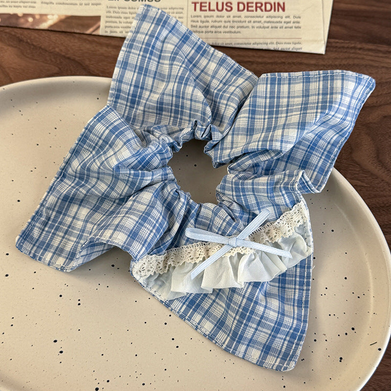 E관 - 블루 체크 패브릭 레이스 리본 곱창 헤어밴드 [26462] 25.10-2