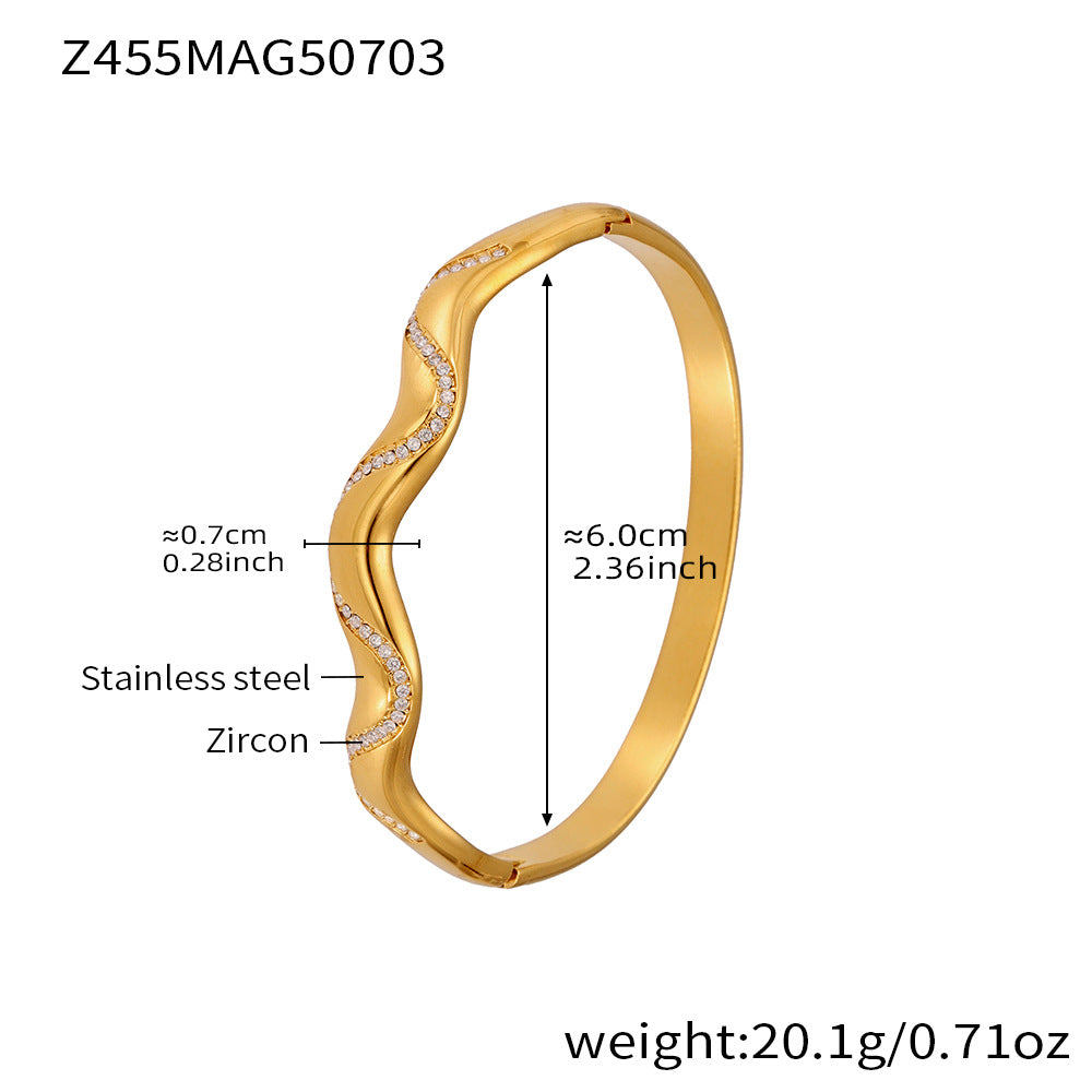 D관 - 대나무 물결 디자인 큐빅 스테인리스 스틸 18K 도금 팔찌 [Z454] 25.07-2