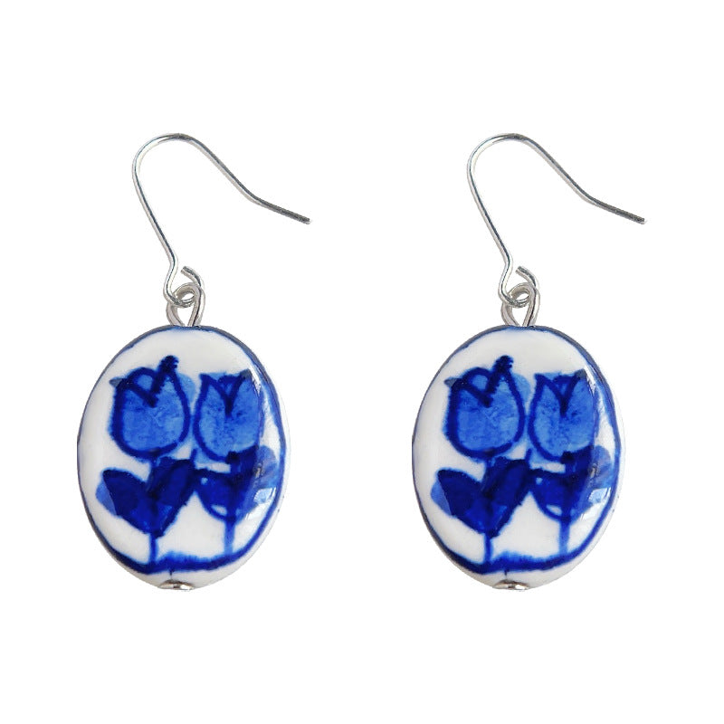 C관 - 청화 도자기 수공예 손그림 고전적 꽃 귀걸이 [3762] 24.04-1