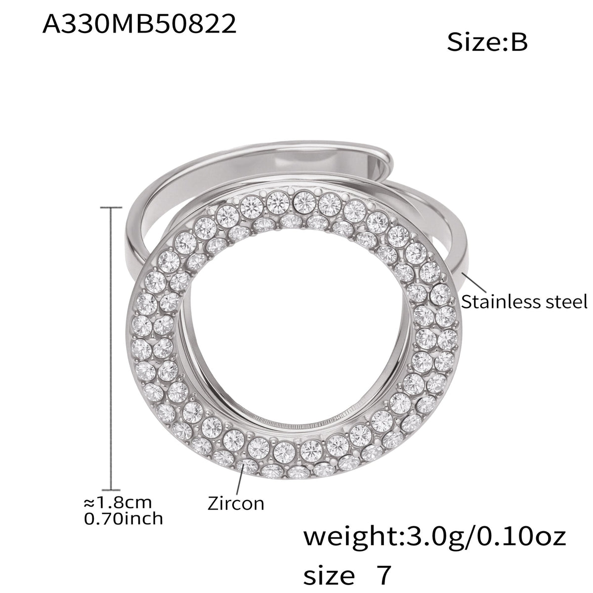 D관 - 스테인리스 스틸 풀 큐빅 하트 원형 오픈형 반지 [A330-A331] 25.09-4