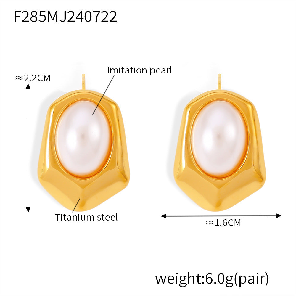 D관 - 티타늄 스틸 18K 도금 육각형 모조 진주 기하학적 귀걸이 [F285] 24.07-4