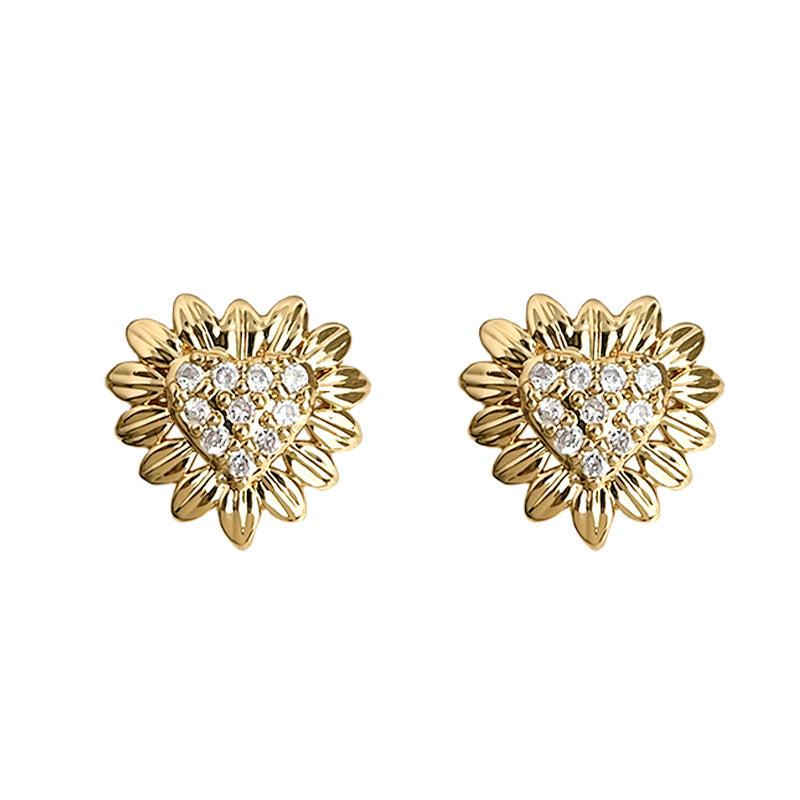 C관 - 14K 도금 미니 하트 해바라기 큐빅 은침 귀걸이 [5766] 25.04-1