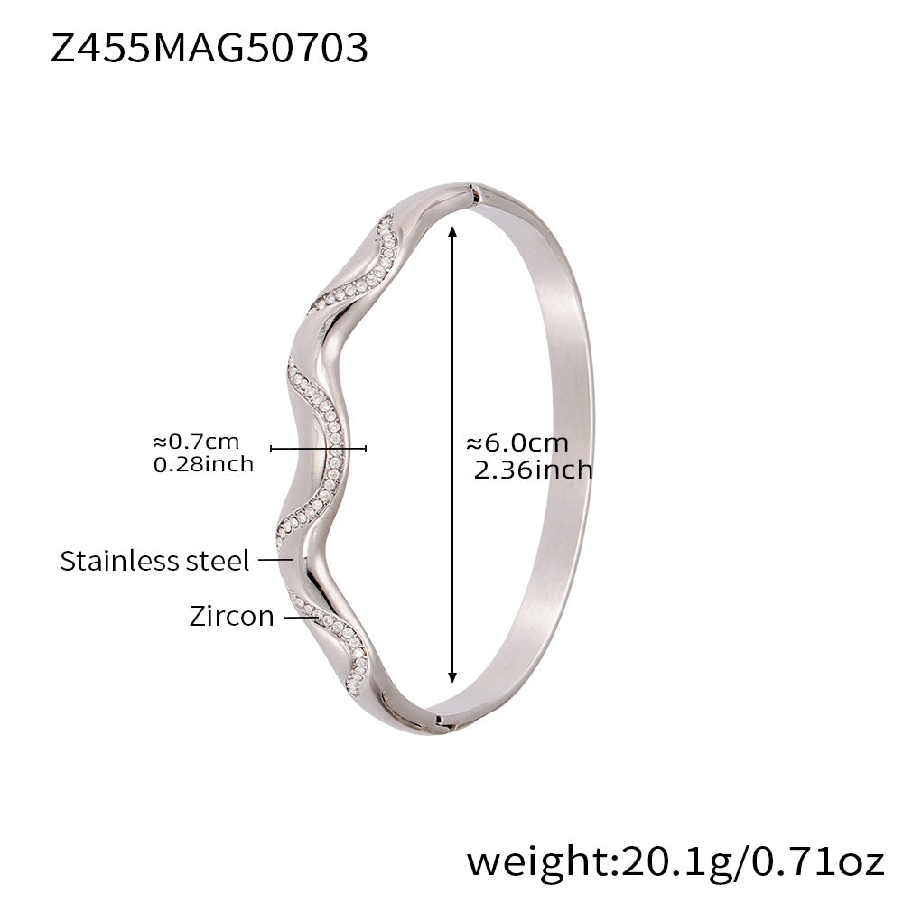 D관 - 대나무 물결 디자인 큐빅 스테인리스 스틸 18K 도금 팔찌 [Z454] 25.07-2