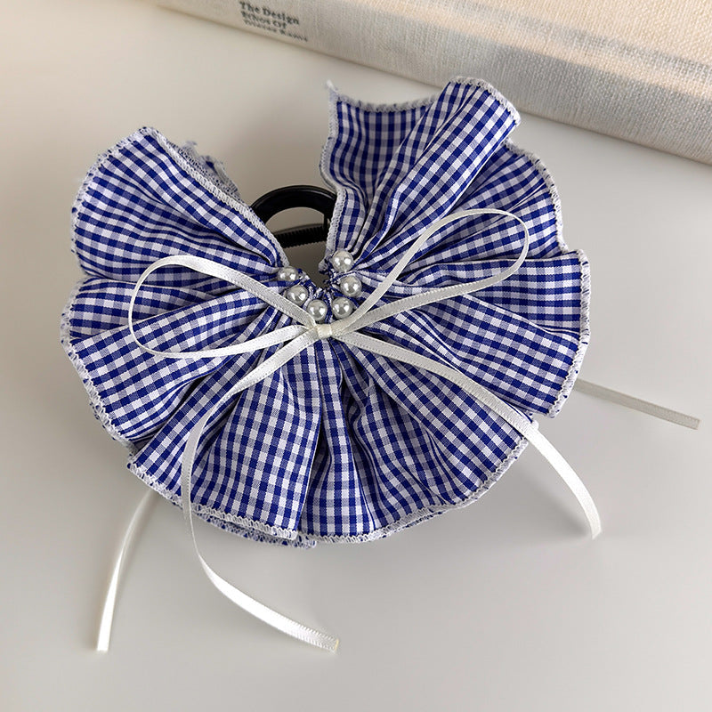 E관 - 체크 러플형 리본 대형 빈티지 집게핀 [27527] 25.10-1