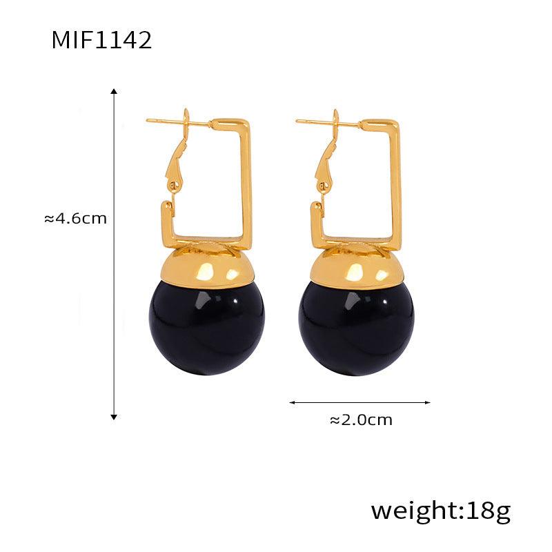 D관 - 미니멀 사각 버클 라운드 컬러 진주 비즈 레트로 유니크 디자인 티타늄 스틸 18K 도금 귀걸이 [F1142] 24.03-2