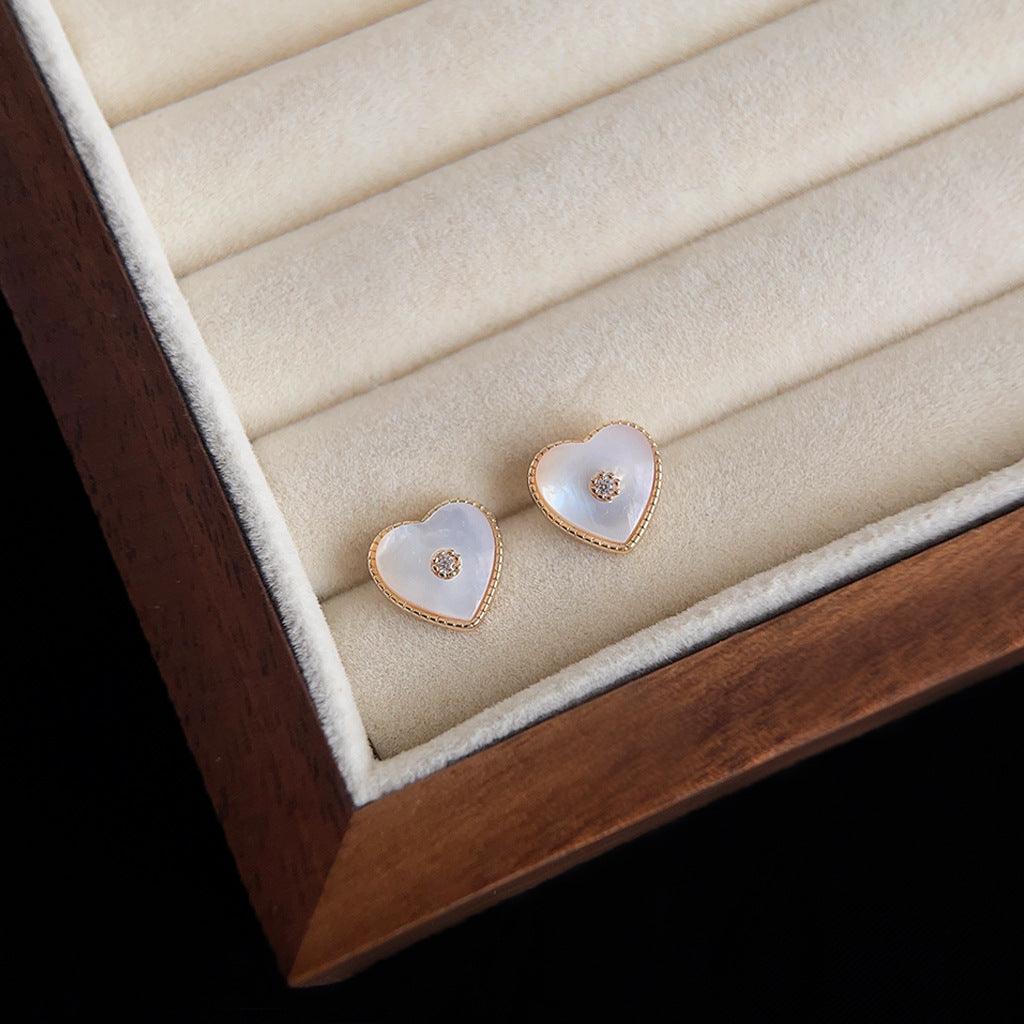 C관 - 14K 도금 은침 미니 자개 하트 큐빅 디자인 귀걸이 [3577-3578] 24.03-1