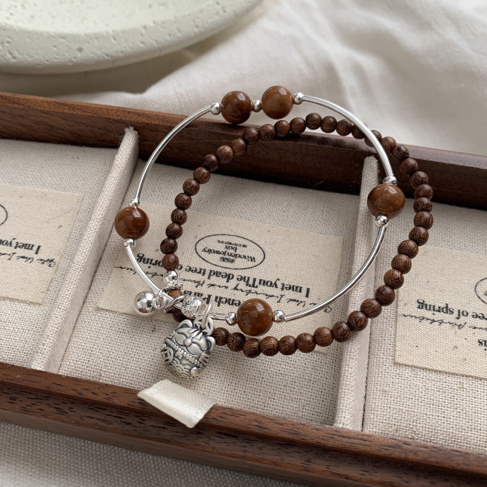 A관 - 복고양이 펜던트 보리수 금사남목 925 실버 팔찌 [1531] 25.11-3