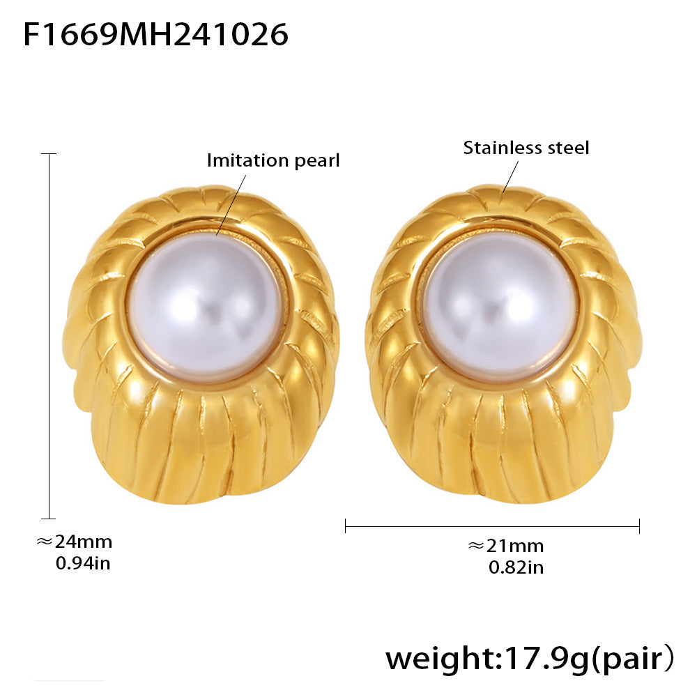 D관 - 프렌치 우아한 모조 진주 나선형 스테인리스 스틸 18K 도금 귀걸이 [F1669] 24.11-1