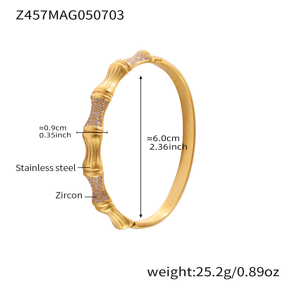 D관 - 대나무 물결 디자인 큐빅 스테인리스 스틸 18K 도금 팔찌 [Z454] 25.07-2