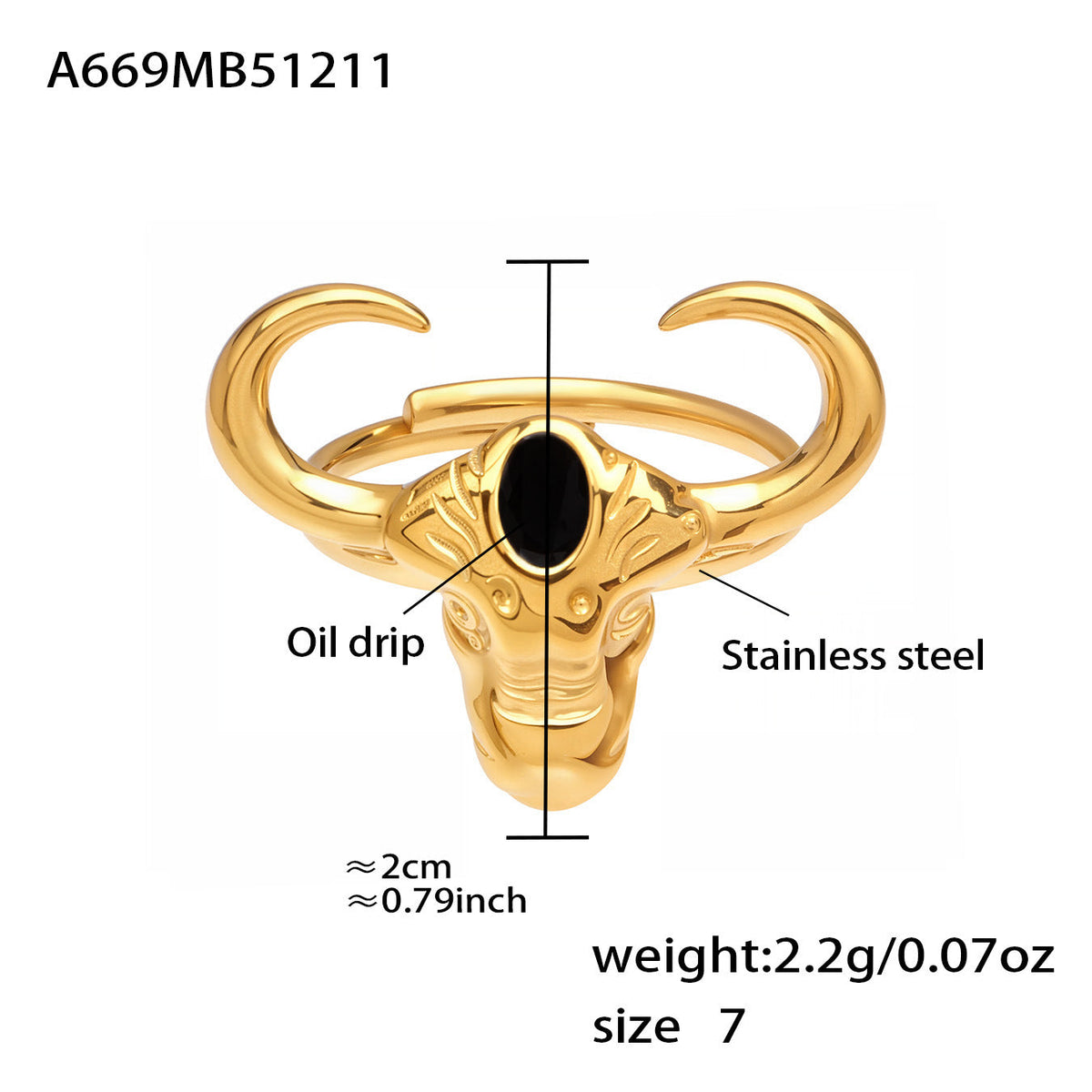D관 - 스테인리스 스틸 18K 도금 황소 디자인 오픈형 반지 [A668-A689-A670] 25.12-3
