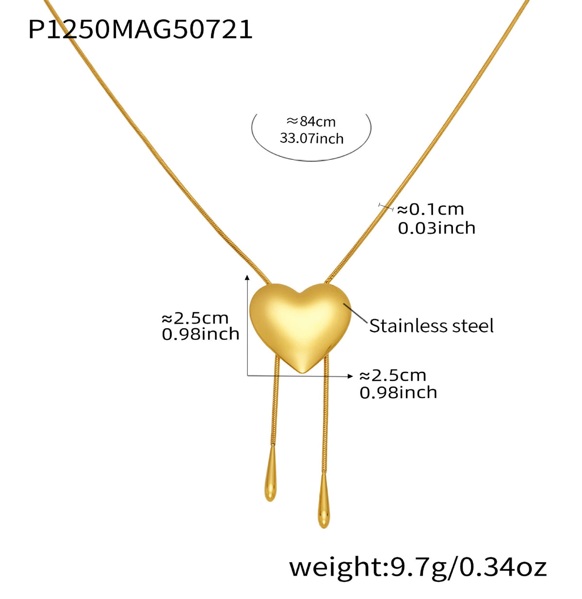 D관 - 유광 하트 슬라이드 스네이크 체인 스테인리스 스틸 18K 도금 목걸이 [P1250] 25.07-4