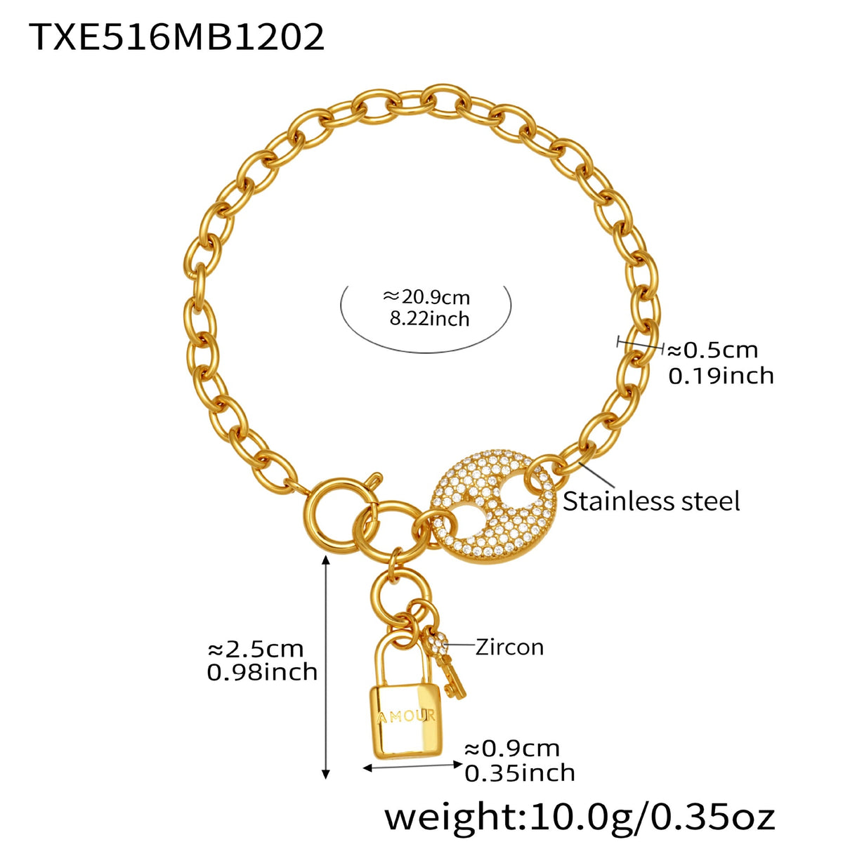 D관 - 풀큐빅 돼지코 자물쇠 태슬 18K 도금 스테인리스 스틸 목걸이 팔찌 [TXP516] 25.12-2