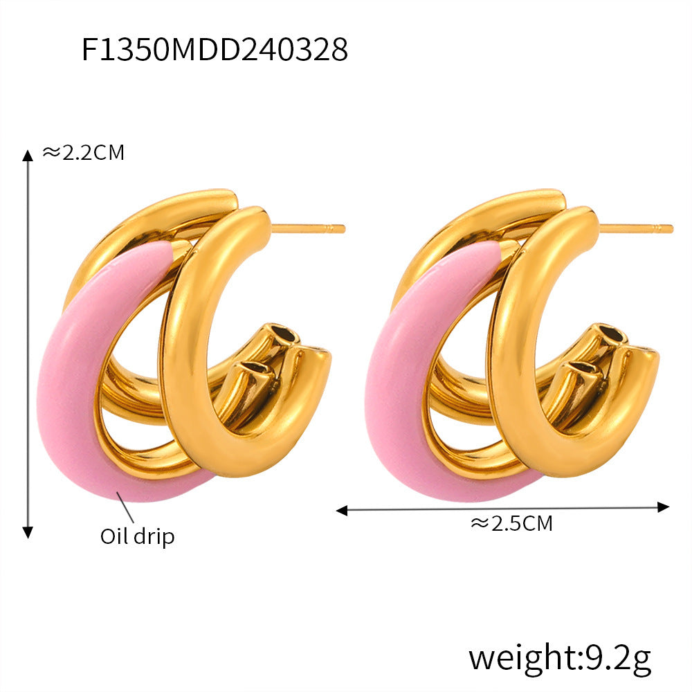 D관 - 티타늄 스틸 18K 도금 드로잉 디자인 C자형 트렌디 귀걸이 [F1350] 24.04-2