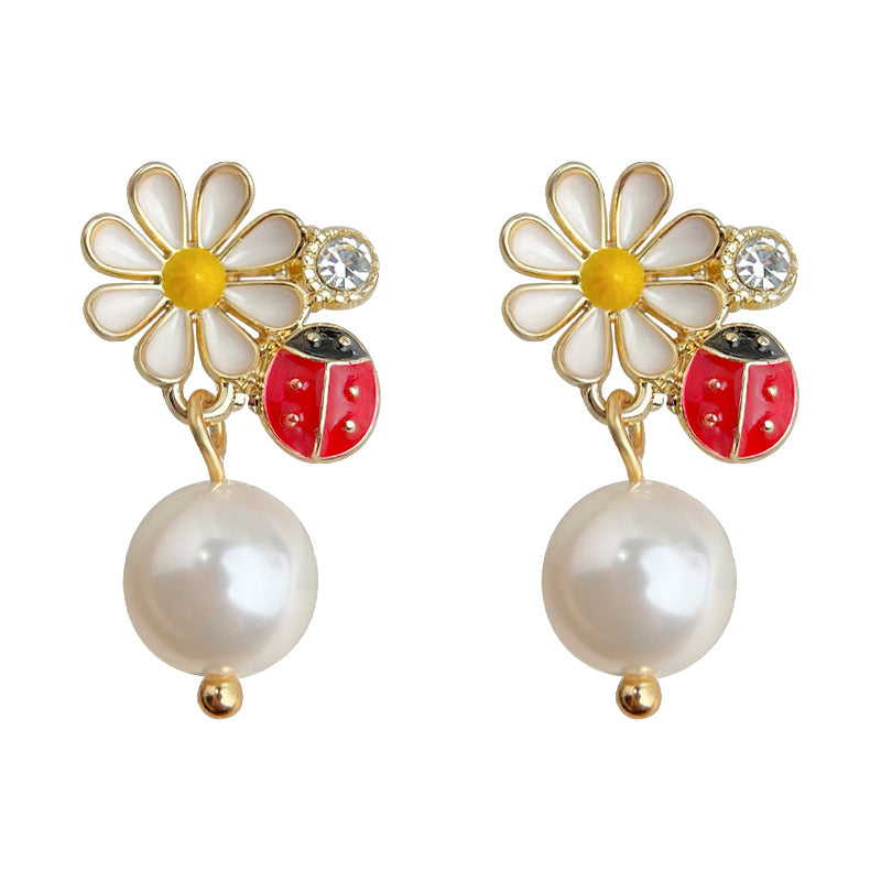 C관 - 14K 도금 은침 무당벌레 데이지 진주 귀걸이 [5591] 25.02-3