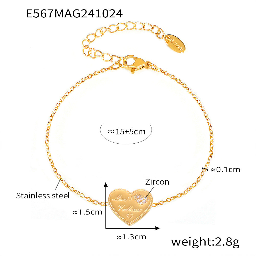 D관 - 하트 알파벳 큐빅 디테일 럭셔리 스테인리스 스틸 18K 도금 변색 방지 팔찌 [E567] 24.11-1