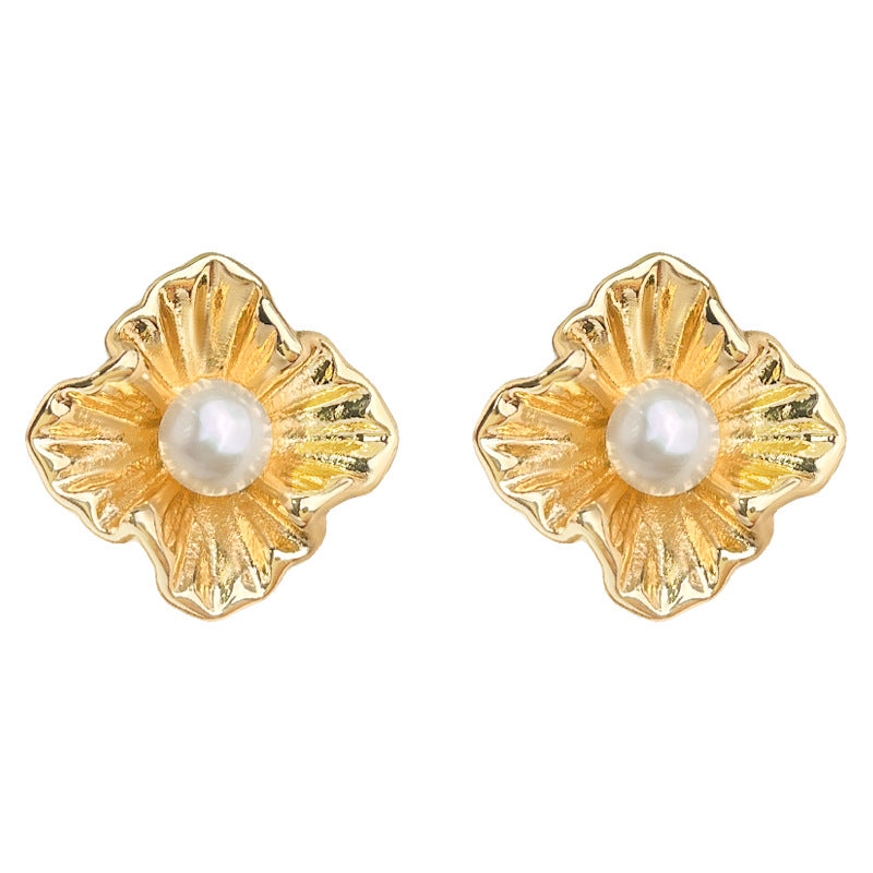 C관 - 14K 도금 925 은침 담수 진주 플라워 귀걸이 [5594] 25.02-3