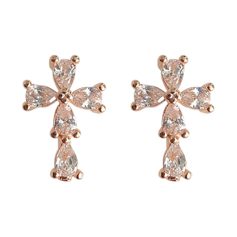 C관 - 미니 큐빅 십자가 로즈 골드 도금 은침 귀걸이 [3736] 24.04-1