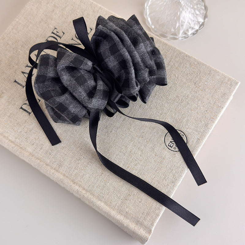 E관 - 그레이 체크 기모 리본 스트랩 집게핀 [27723] 25.11-4