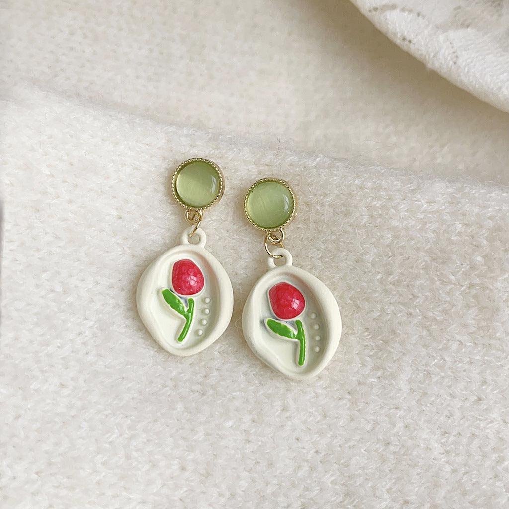 C관 - 14K 도금 봄 여름 튤립 유리 묘안석 에나멜 귀걸이 [3673-3674] 24.03-4