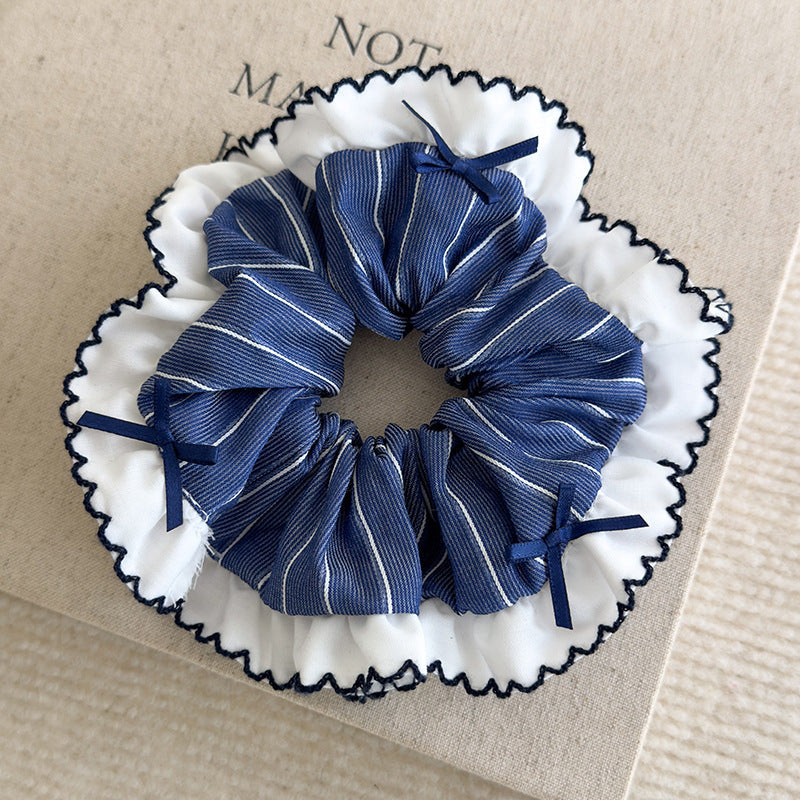 E관 - 블루 체크 패브릭 레이스 리본 곱창 헤어밴드 [26462] 25.10-2