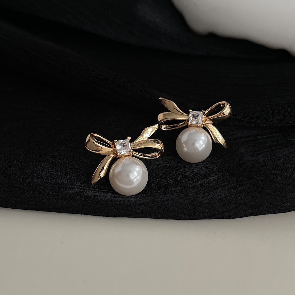 C관 - 글라스 진주 큐빅 나비 14K 도금 리본 심플 귀걸이 [4489-4490] 24.07-3