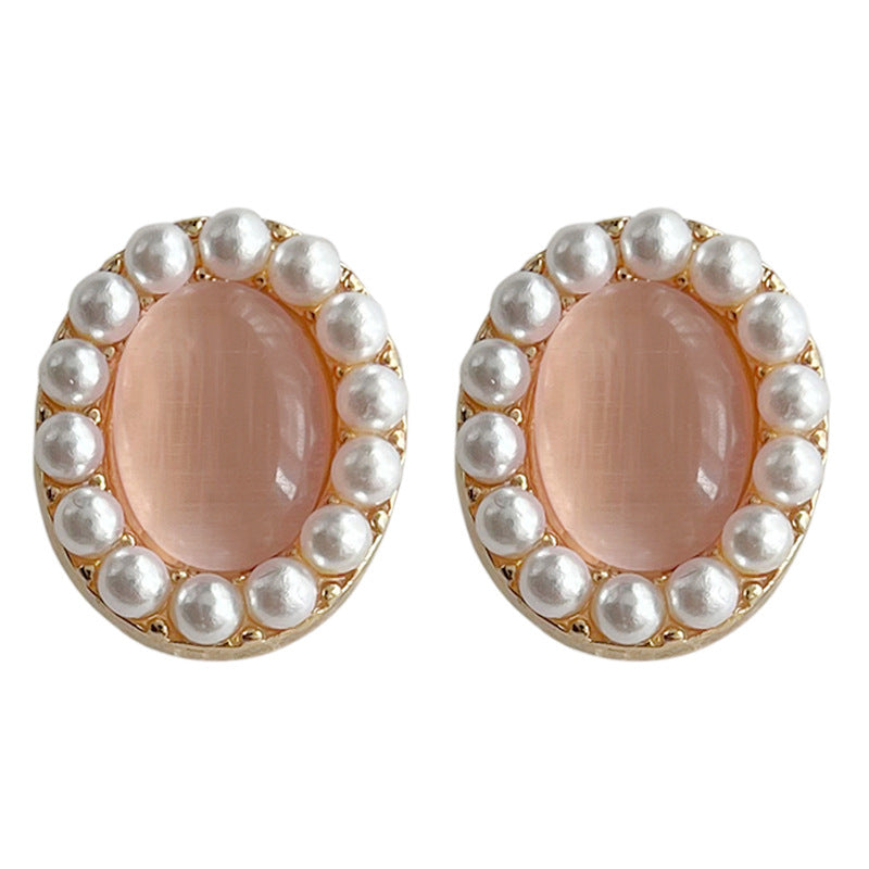 C관 - 글라스 묘안석 타원형 기하학 프렌치 복고풍 14K 도금 귀걸이 [4507] 24.07-2