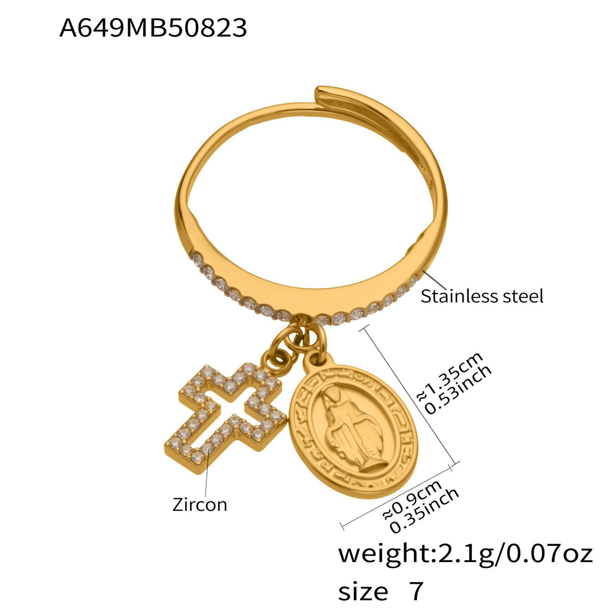 D관 - 18K 도금 스테인리스 스틸 십자가 큐빅 오픈형 반지 [A569-A572-A649] 25.10-1