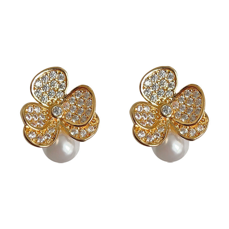 C관 - 미니 큐빅 고급스러운 14K 도금 은침 세잎 클로버 귀걸이 [3724] 24.04-2