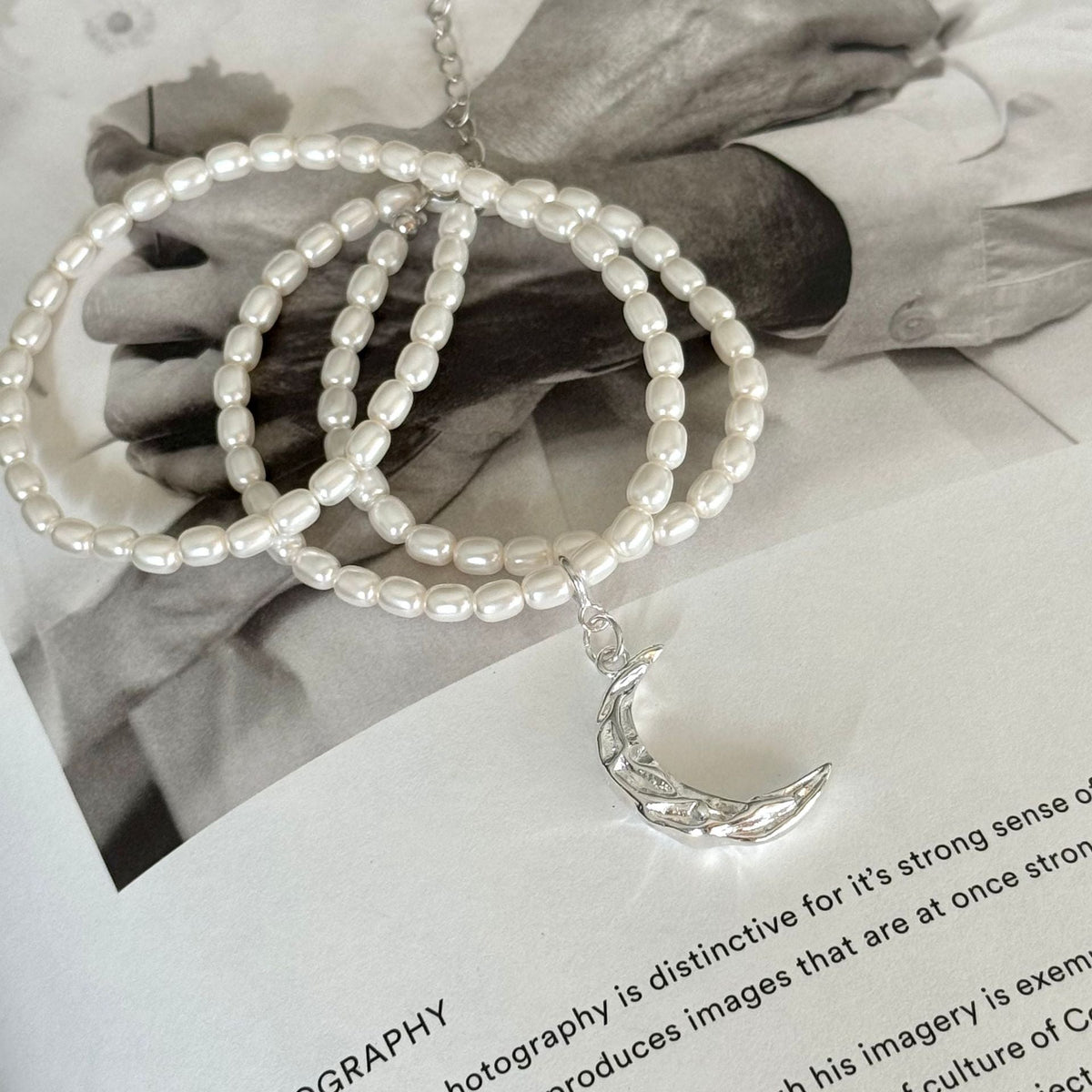 F관 - 925 실버 달 주름무늬 모조 진주 목걸이 [B869] 25.10-5