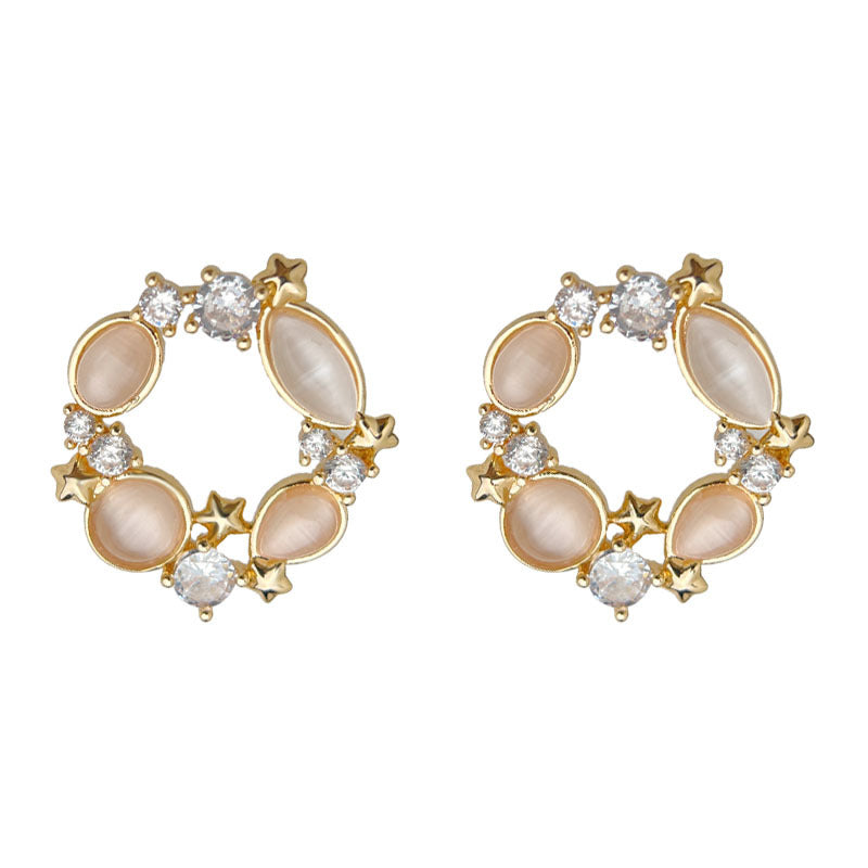 C관 - 925 은침 14K 도금 묘안석 큐빅 원형 귀걸이 [6958] 25.10-4