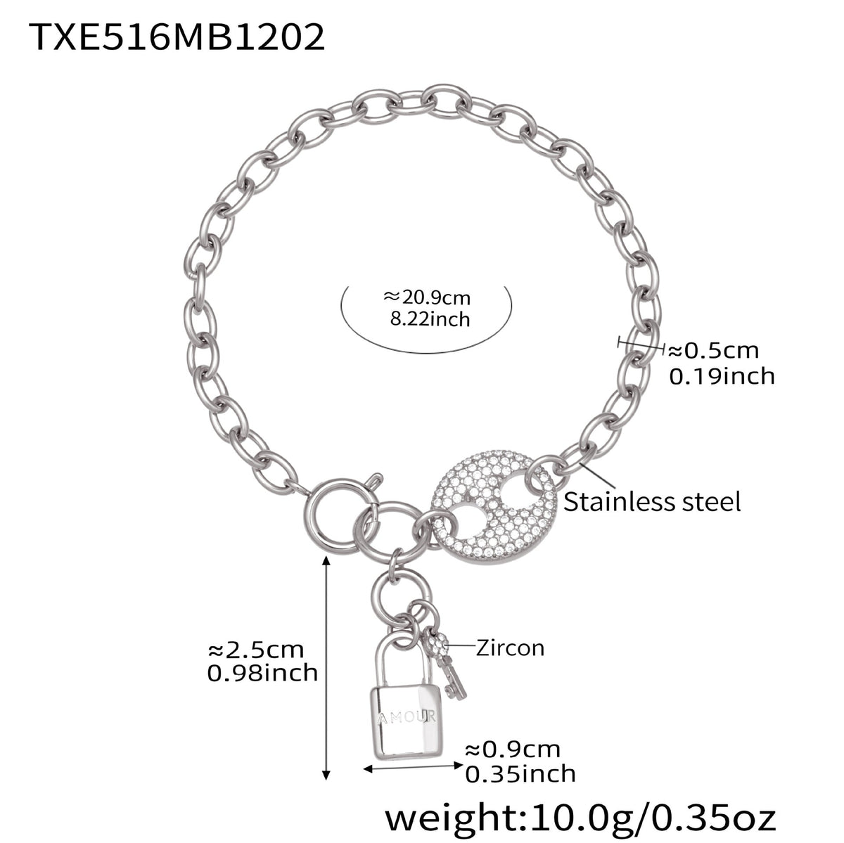D관 - 풀큐빅 돼지코 자물쇠 태슬 18K 도금 스테인리스 스틸 목걸이 팔찌 [TXP516] 25.12-2