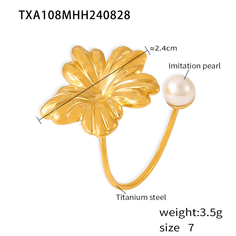 D관 - 캐주얼 럭셔리 감성 트렌디 진주 플라워 티타늄 스틸 18K 변색 방지 반지 [F111-A110] 24.09-1
