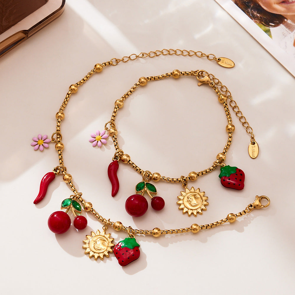 D관 - 18K 도금 스테인리스 스틸 체리 플라워 펜던트 목걸이 팔찌 [TXP449] 25.10-4