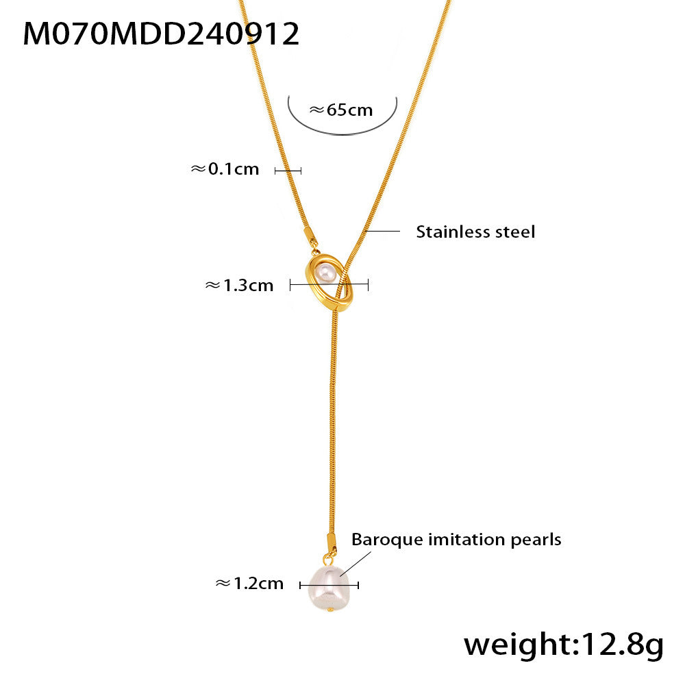 D관 - 프렌치 캐주얼 럭셔리 태슬 모조 진주 롱 드로우 스트링 스테인리스 스틸 목걸이 [M070] 24.09-3