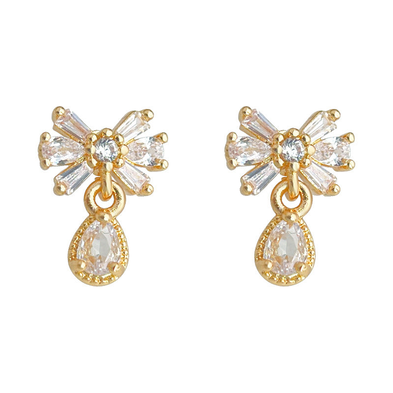 C관 - 큐빅 14K 도금 리본 물방울 은침 귀걸이 [5472] 25.02-2